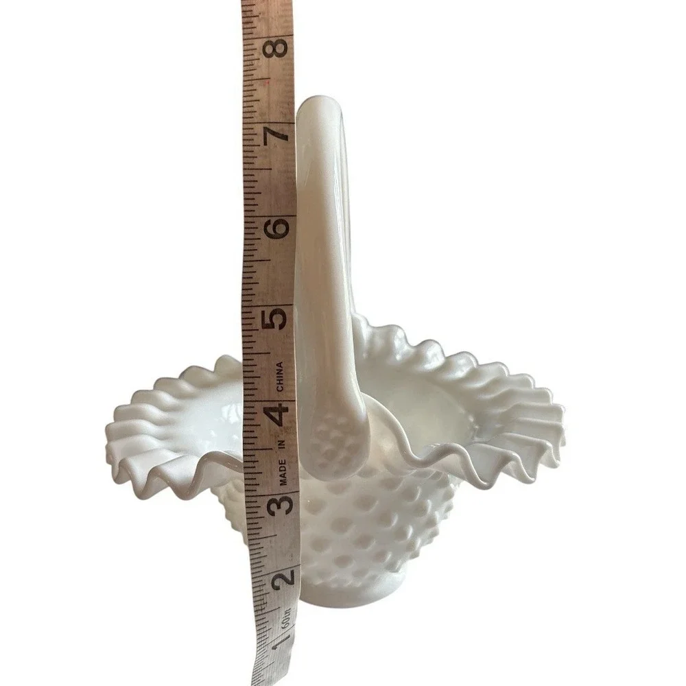 Vintage Fenton White Milk Glass Hobnail Basket w/Handle. Candy Trinket Bowl. EC